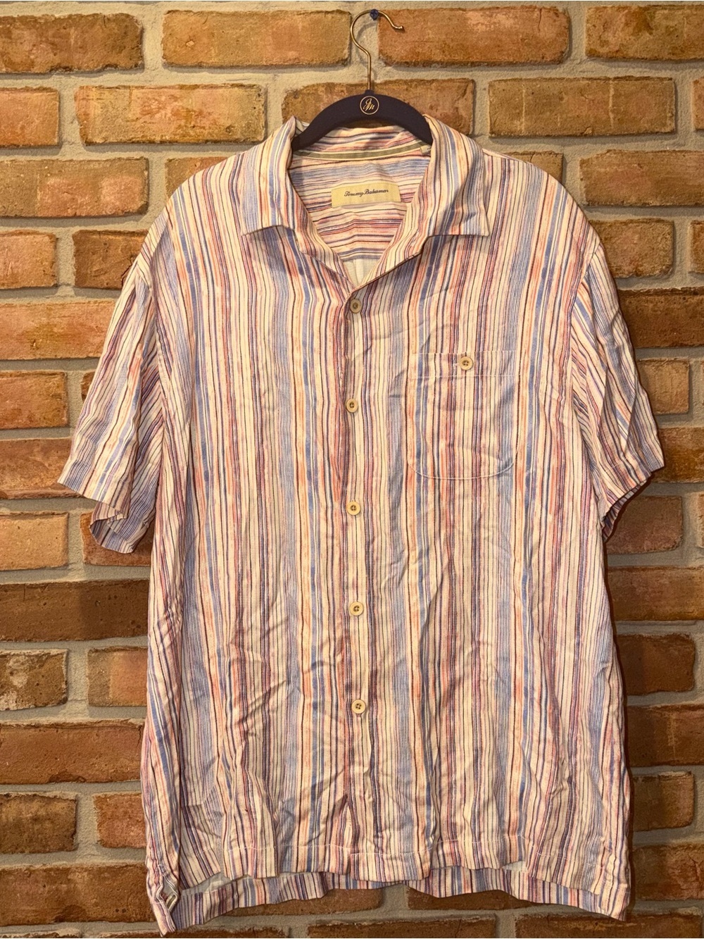 Tommy Bahama Striped Silk Blend Short Sleeve Button-Down Size Large